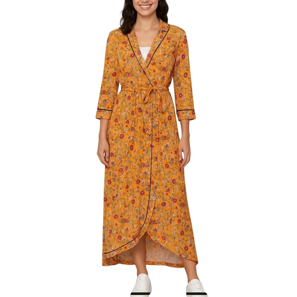 Hugo Boss HUGO Floral Wrap Maxi Dress Yellow Orange Botanical High Low Pockets S